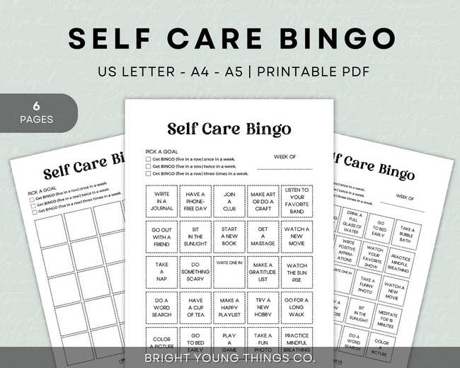three self care bingo cards, one blank and the other two filled with activities