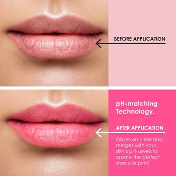 A before and after of a model with pinker lips in the after 