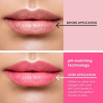A before and after pic of a model with pinker lips in the after pic 