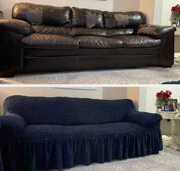 reviewer before and after of their beat up leather couch and then the same couch covered in a navy blue slipcover and skirt