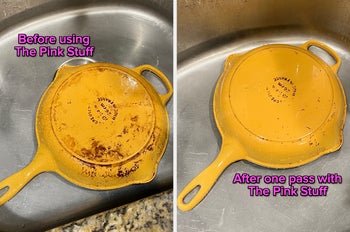 buzzfeed editor's before and after of their yellow le creuset pan being cleaned with the pink stuff