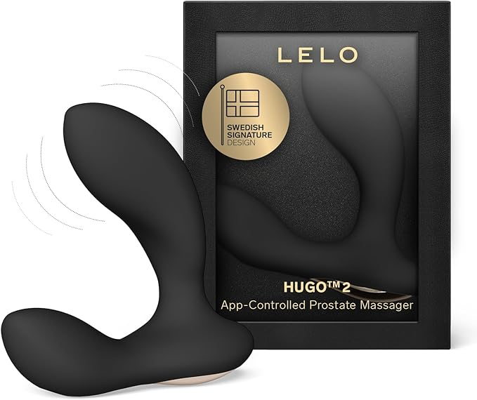 LELO Hugo 2, an app-controlled prostate massager, is shown next to its sleek black packaging with a gold 