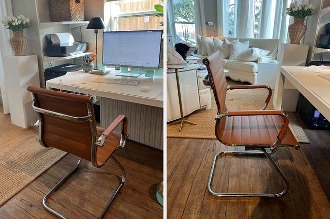 Reviewer image of brown faux leather chair with silver sled bottom on hard wood floor in front of white desk