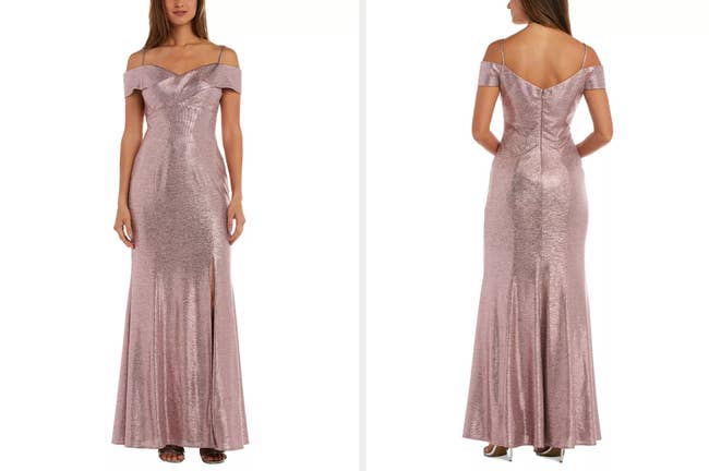 Model showing front and back view of off the shoulder criss cross mermaid dress in rose gold