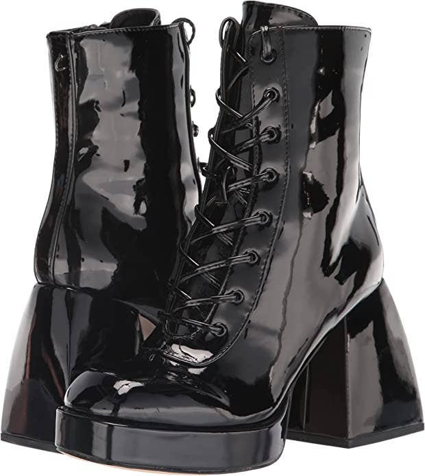 black patent combat boots with chunky heels