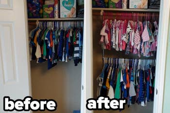 reviewer photo of kid closet before adding the rod and after with double the hanging space