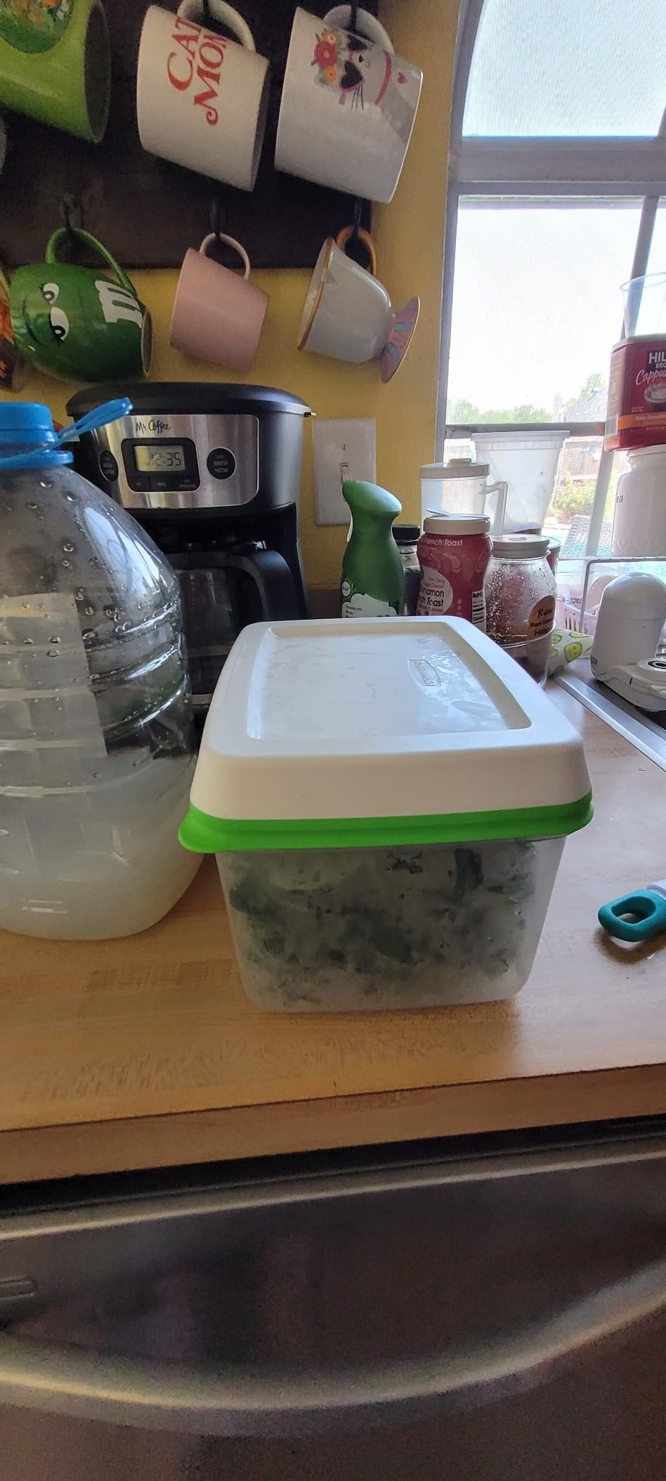 Kitchen antagonistic  with a jug of water, stackable mugs, a java  maker, and a integrative  container