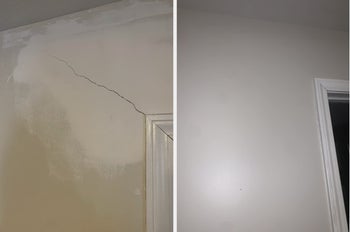 a reviewer before and after photo of a crack on their wall completely gone after using erase a hole