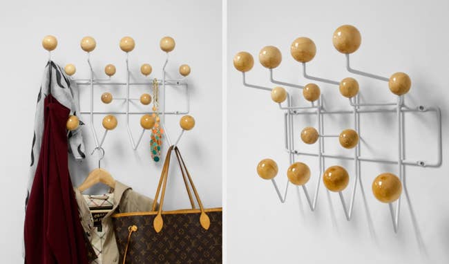 Two images of white wooden wall-mounted coat rack