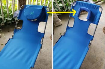 A reviewer's blue lounge chair with a headrest converted to become a face hole 