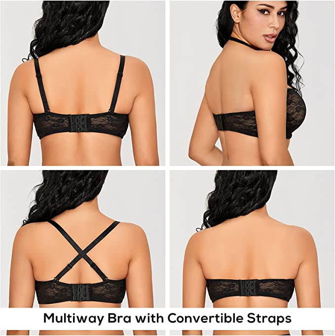 model showing four different ways this bra can be worn: with regular straps, halter, criss-cross, and strapless