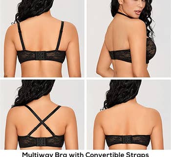 model showing four different ways this bra can be worn: with regular straps, halter, criss-cross, and strapless