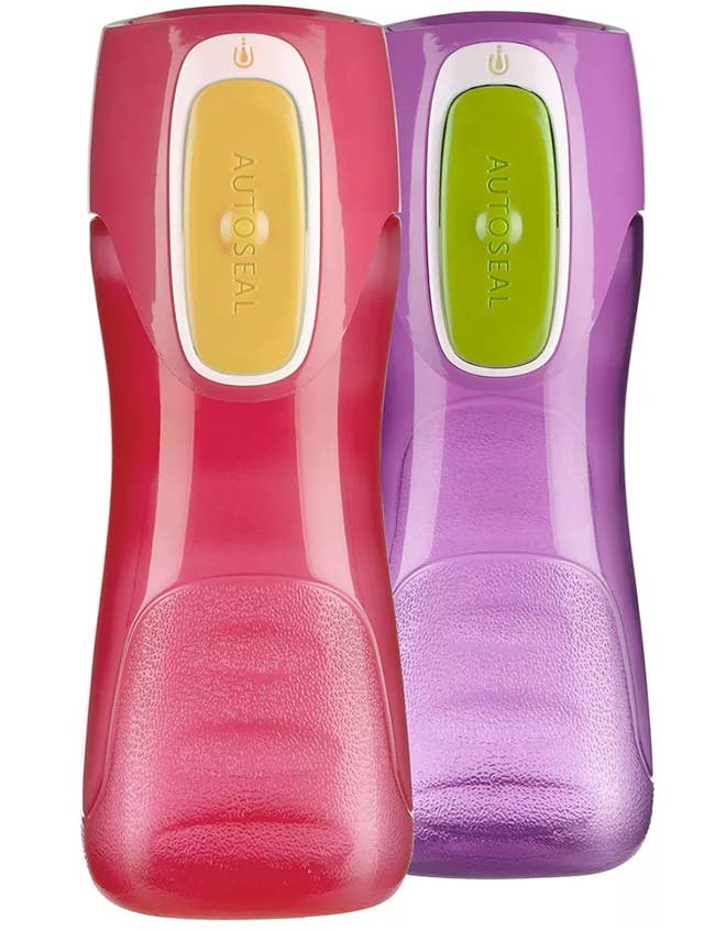 One pink and on purple auto-sealing kid's water bottles