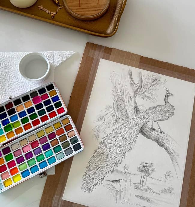 Watercolor set and painting of a peacock on a tree branch, placed on a table with art supplies and a candle. Suitable for art enthusiasts