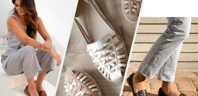 Three images of brown, tan, and black sandals