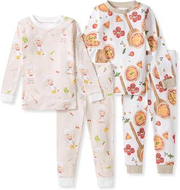 Two sets of children's pajamas with food-themed prints, showcasing chefs and pizzas, perfect for cozy, themed loungewear