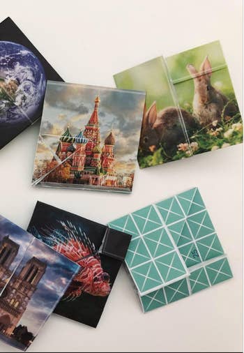 Collage of assorted  images connected  folded papers, featuring landmarks, a rabbit, and an abstract pattern, perchance  showcasing decorative coasters oregon  creation  designs