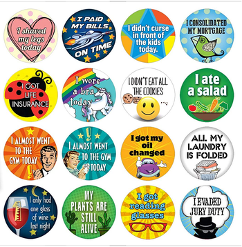 circular stickers that say things like 
