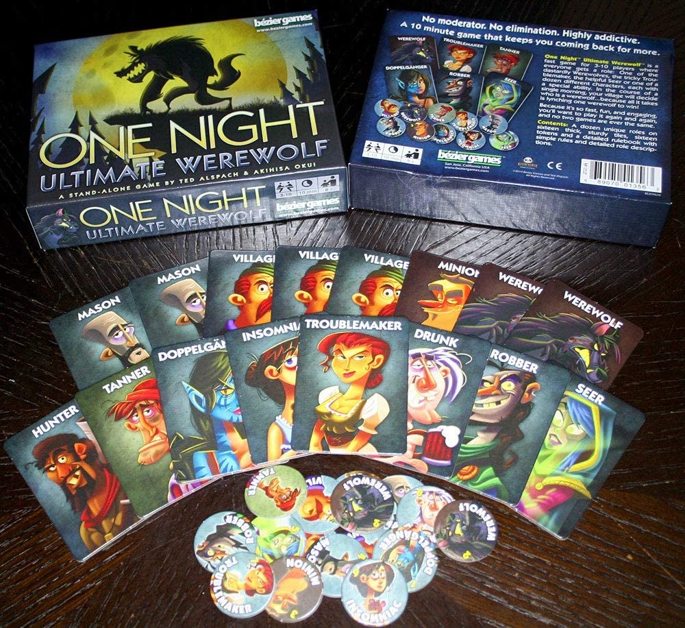 the game box and cards with different characters printed on them and character tokens 