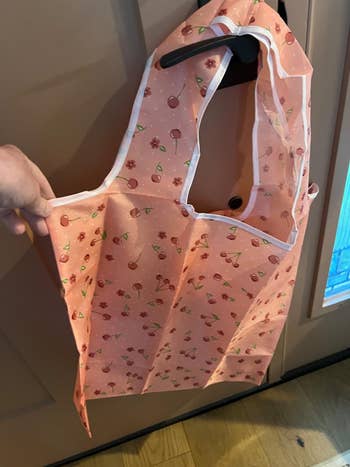 Reusable buying container with cherry people held open, showcasing its spacious design