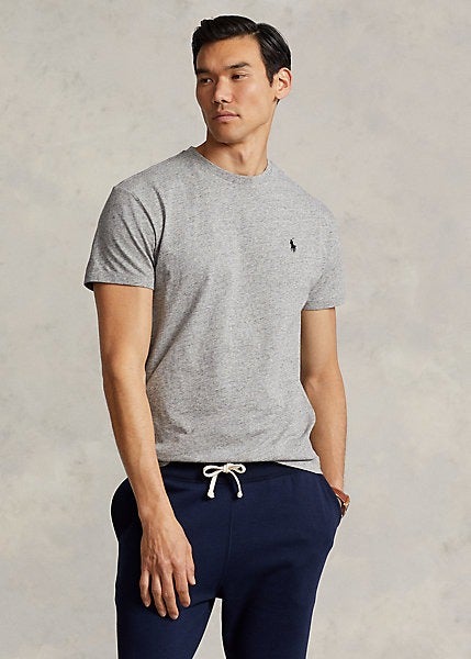 model wearing grey Polo t-shirt