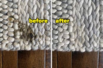 a before and after photo of poop being removed from a knit blanket