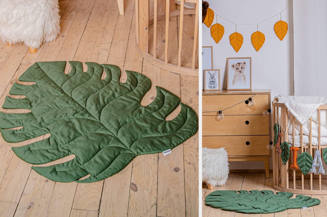 Green plush leaf-shaped rug on a hardwood floor, product on the floor of a nursery 