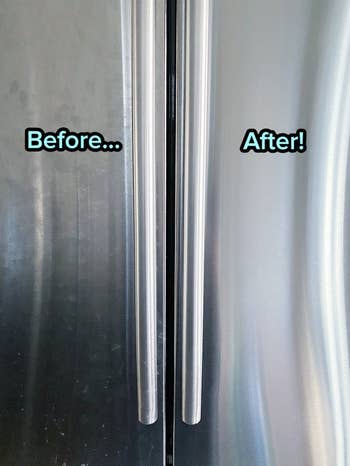 BuzzFeeder before and after photo showing a stainless steel fridge, with one door covered in streaks and fingerprints and the other looking streak-free after being cleaned