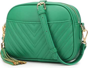 green chevron quilted bag with tassel and front compartment