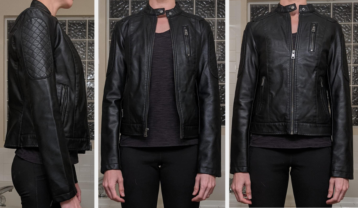 Three images of a reviewer wearing the black jacket