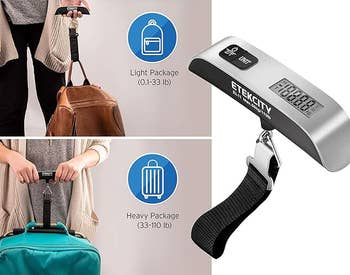 Two people use a digital luggage scale for measuring bags, with indicators for light and heavy packages. Text highlights scale’s accuracy for various items