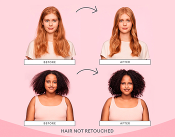 before and after photos showing reduced frizz and increased definition on two models' hair