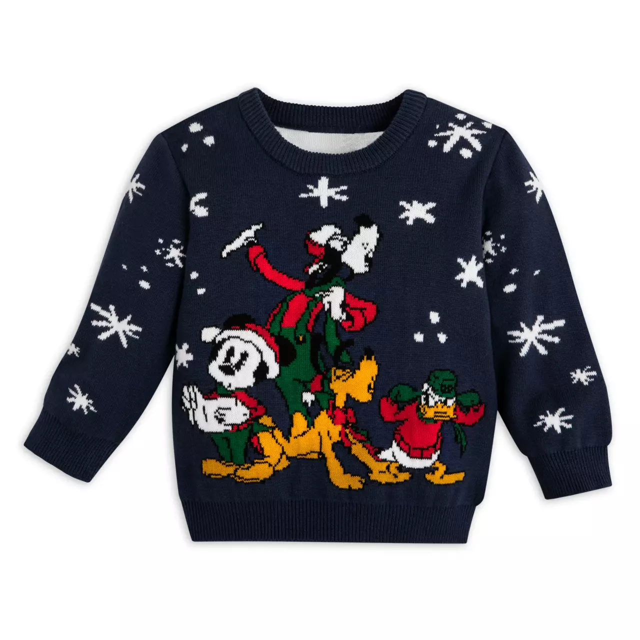 a dark blue sweater showing mickey, goofy, and pluto caroling while donald holds his ears angrily