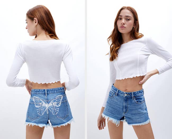 Two images of model wearing blue butterfly shorts