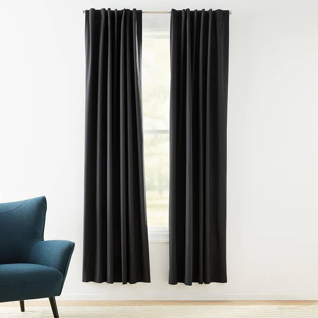 black curtains on a window