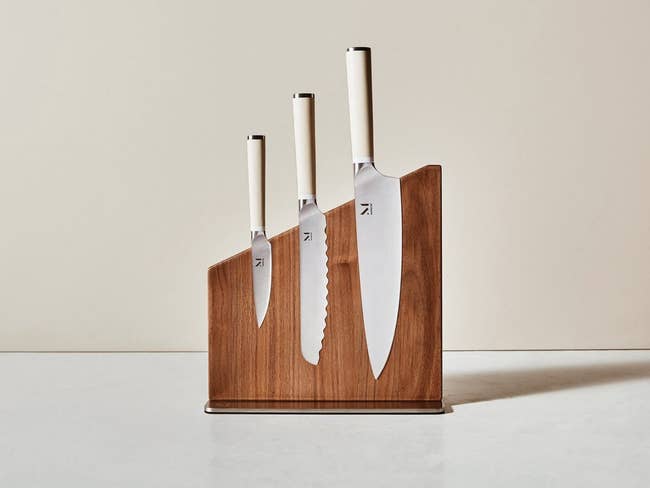 three knives on magnetic knife block