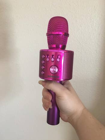 a hot pink microphone