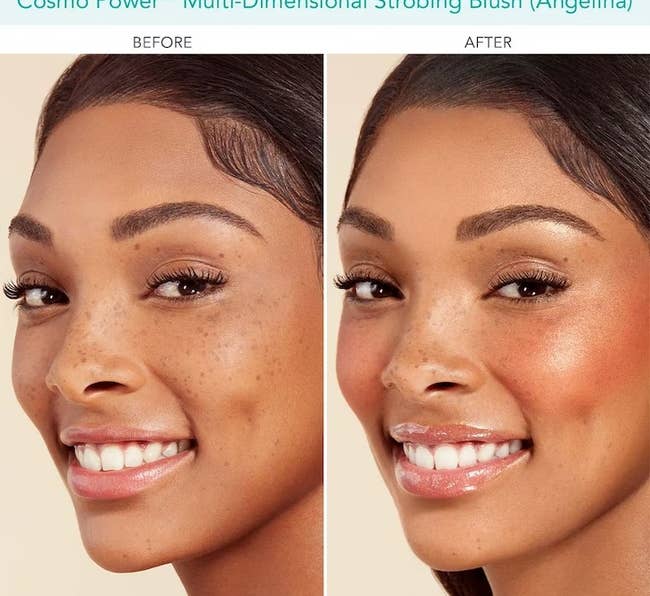a model before and after. applying the blush 