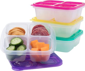 a product shot of the reusable lunch container and the set comes in a four different colors