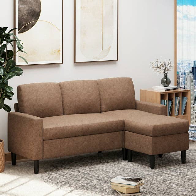 brown convertible linen L-shaped sofa