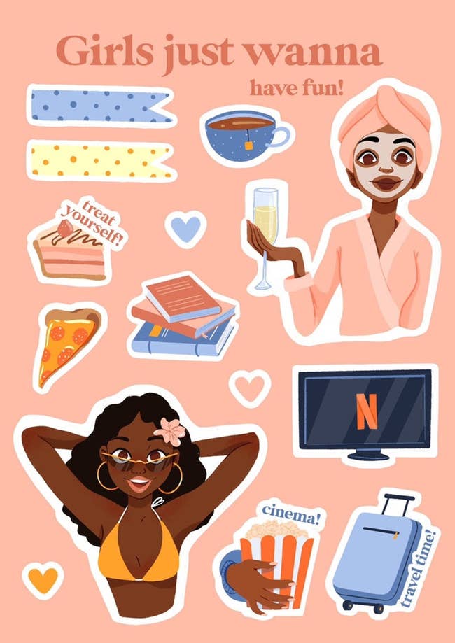 stickers including Black woman in a bikini, Black woman doing a face mask, tv with netflix logo, hand holding popcorn with text 