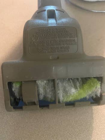 Vacuum cleaner head with hair and debris tangled in bristles