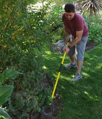 A model using a pole length weed removal tool to dig out a weed