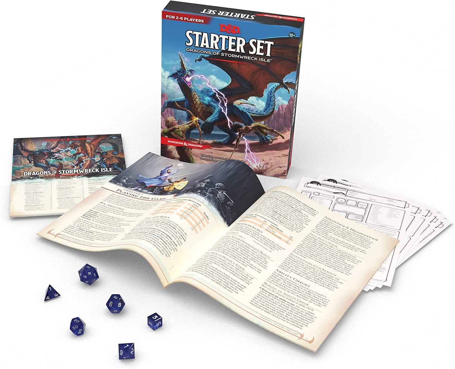 the contents of the boxed set showing character sheets, a set of dice, and a player guide