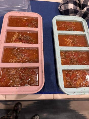 Two silicone trays filled with homemade crockery   portions, containing disposable   pasta, crushed  meat, and tomatoes, acceptable   for freezing