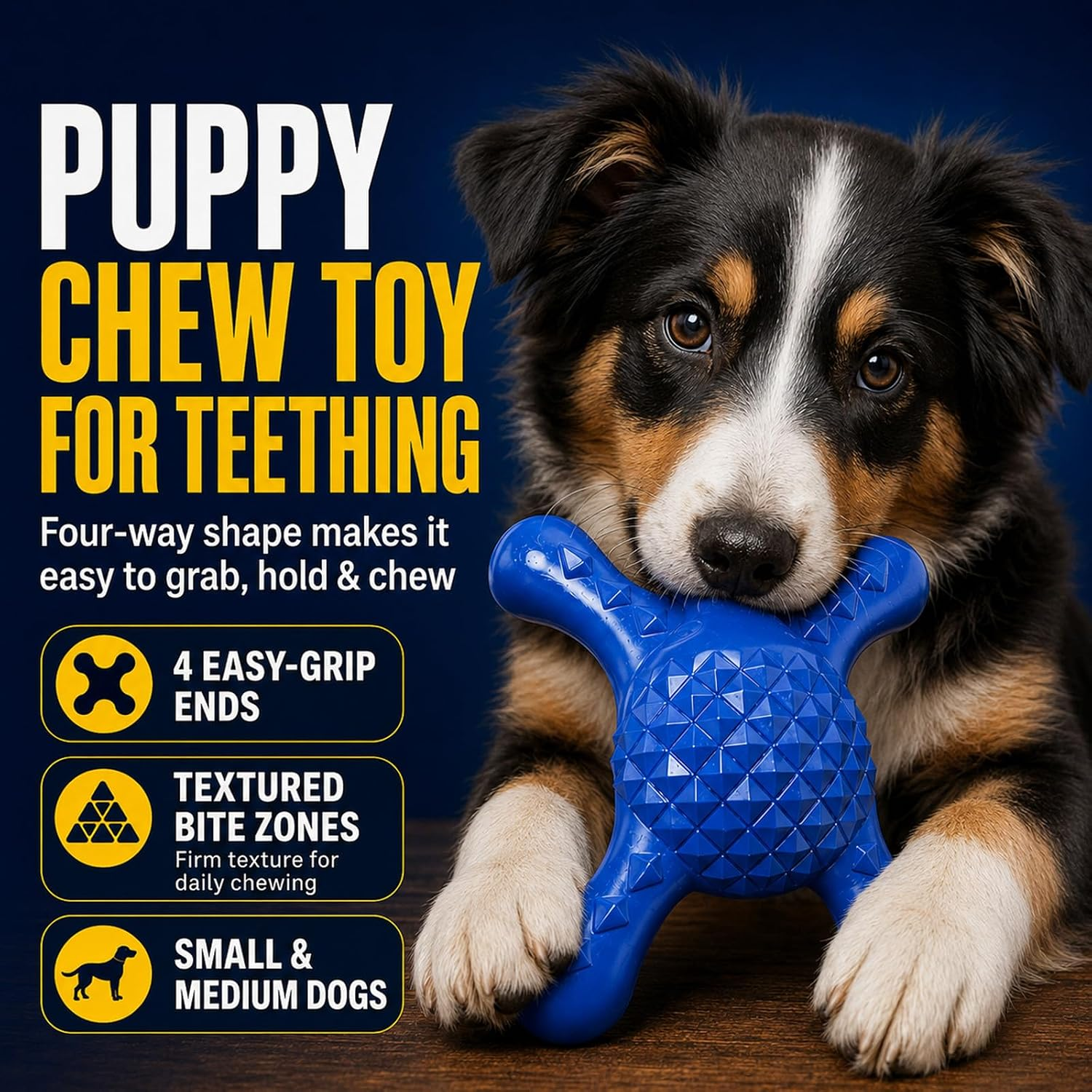 Puppy with bluish  chew artifact  for teething, advertised for casual  grip, textured wound  zones, and suitable for tiny  to mean   dogs