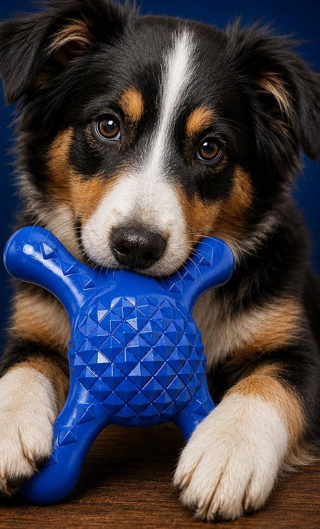 Puppy with bluish chew artifact for teething, advertised for casual grip, textured wound zones, and suitable for tiny to mean dogs