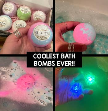 Collage of bath bombs: packaged set, fizzing in water, glowing light effect in dark water. Text: 