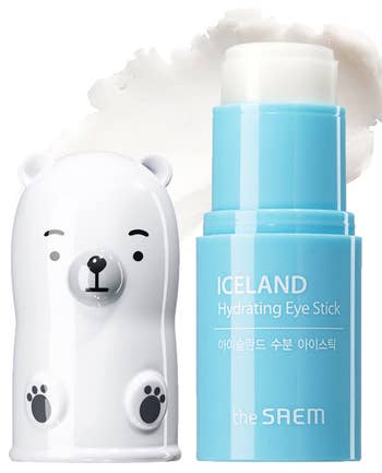 Polar bear-themed hydrating eye stick by the SAEM, with packaging open to show product