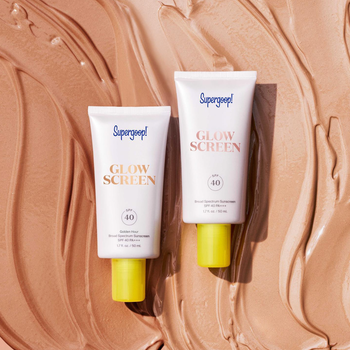 supergoop glowscreen in both shades, sunrise and golden hour